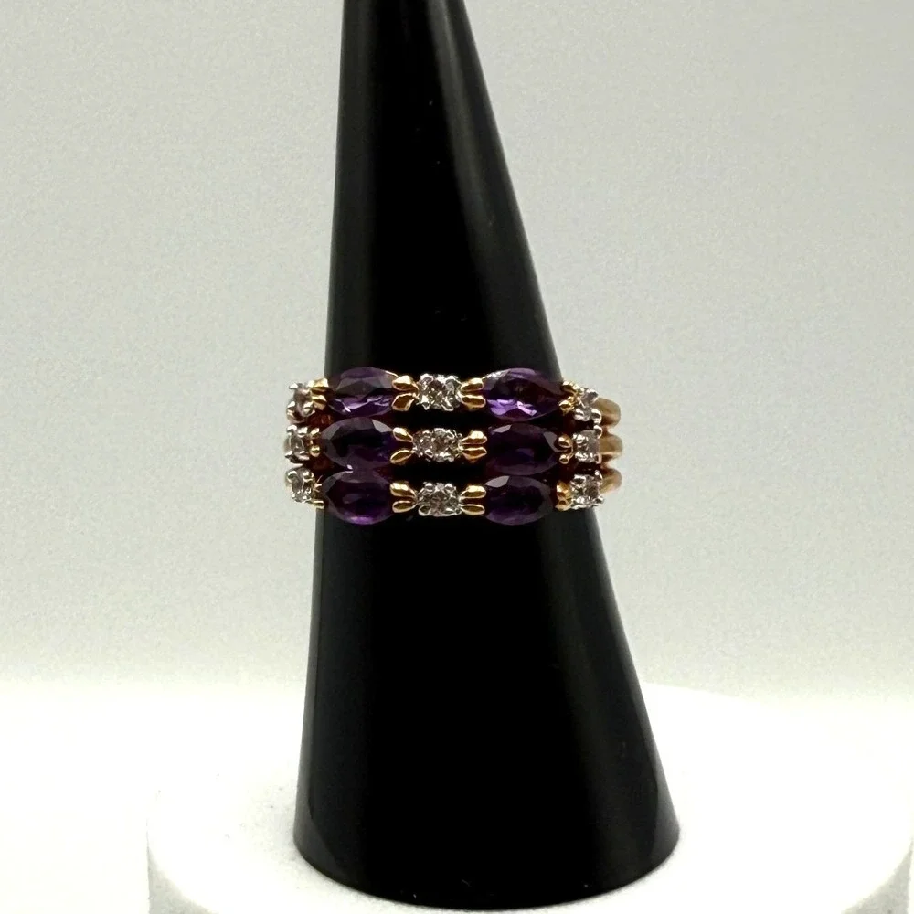 Purple Marquise Crystal Triple Row Gold Tone Statement Ring Size 7.25